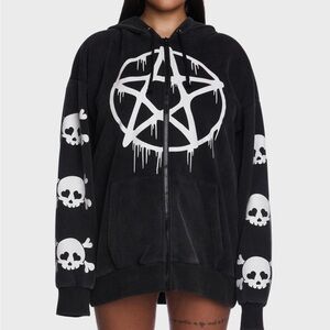 Dolls Kill Black Hoodie with White Skull and Pentagram